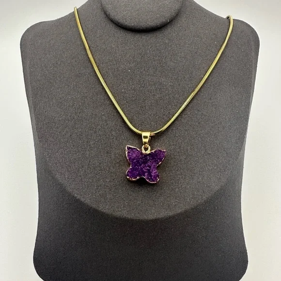 Purple Druzy Butterfly Pendant Necklace on Gold Stainless Steel Snake Chain - Picture 3 of 5
